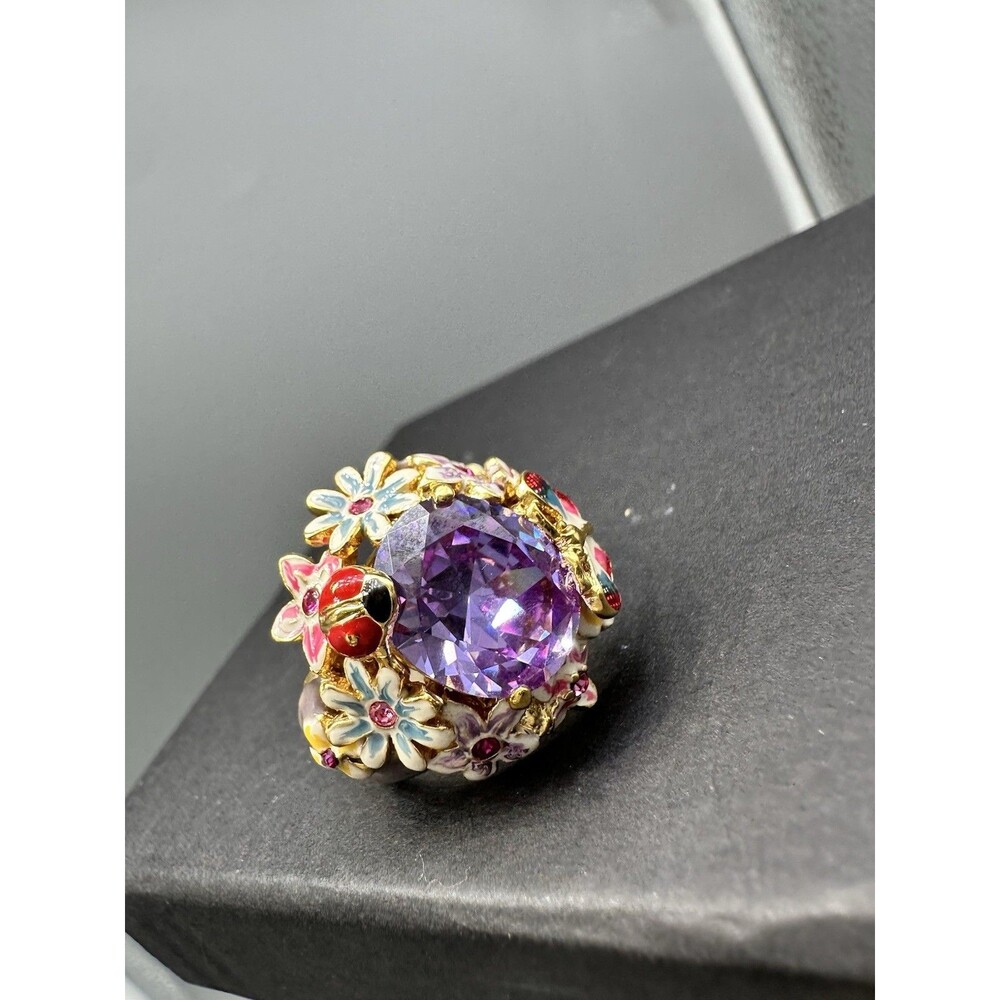 Fairy Land Enamel Flower Ladybug & Butterfly & Large Faceted Purple Stone 10